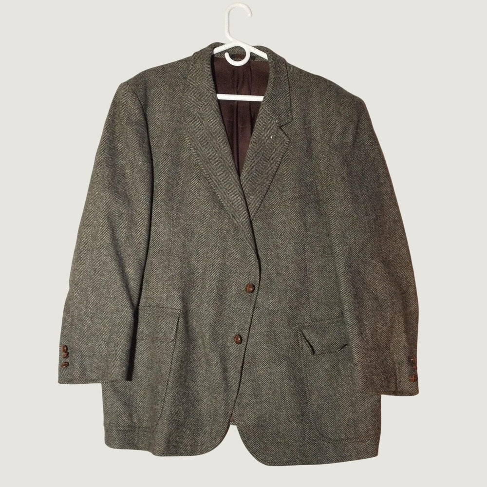 English Manor Mens Grey Herringbone VTG Wool Two Button Blazer Sport Coat 20x31